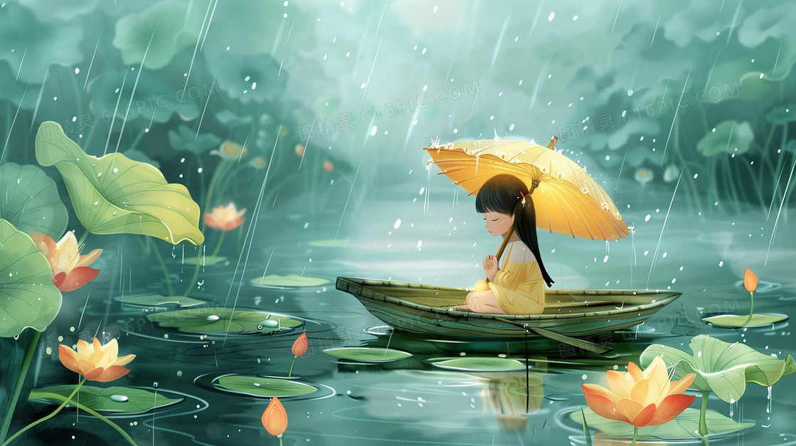 清明下雨小船上打伞的少女