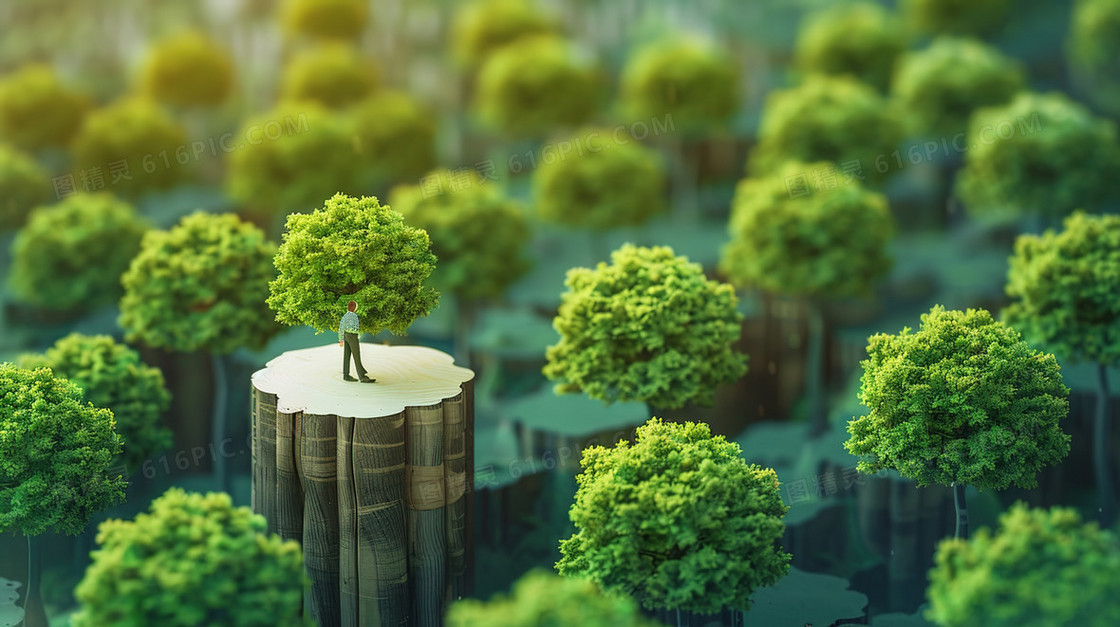 森林树桩上站着的人物模型插画