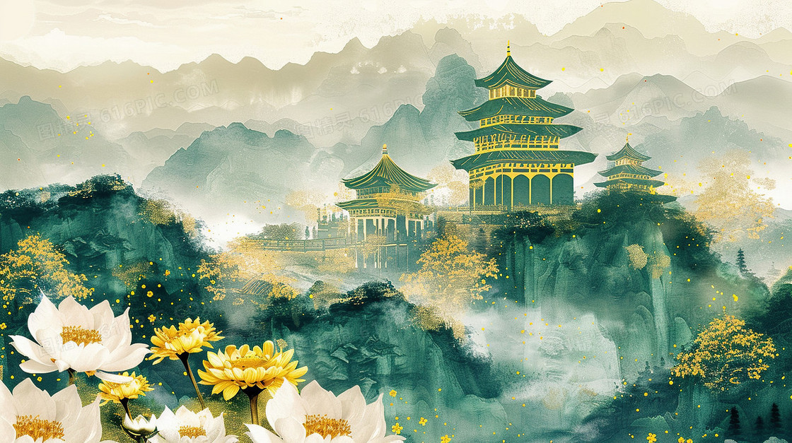 鎏金风国潮建筑菊花山水画