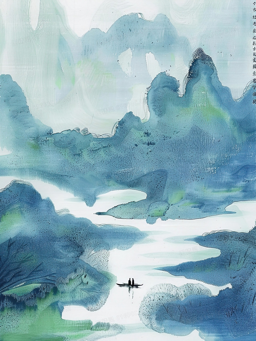 山间河流中小船插画