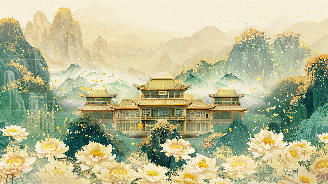 鎏金风国潮建筑菊花山水画