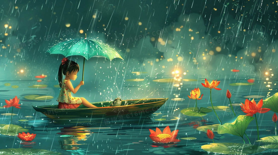 清明下雨小船上打伞的少女