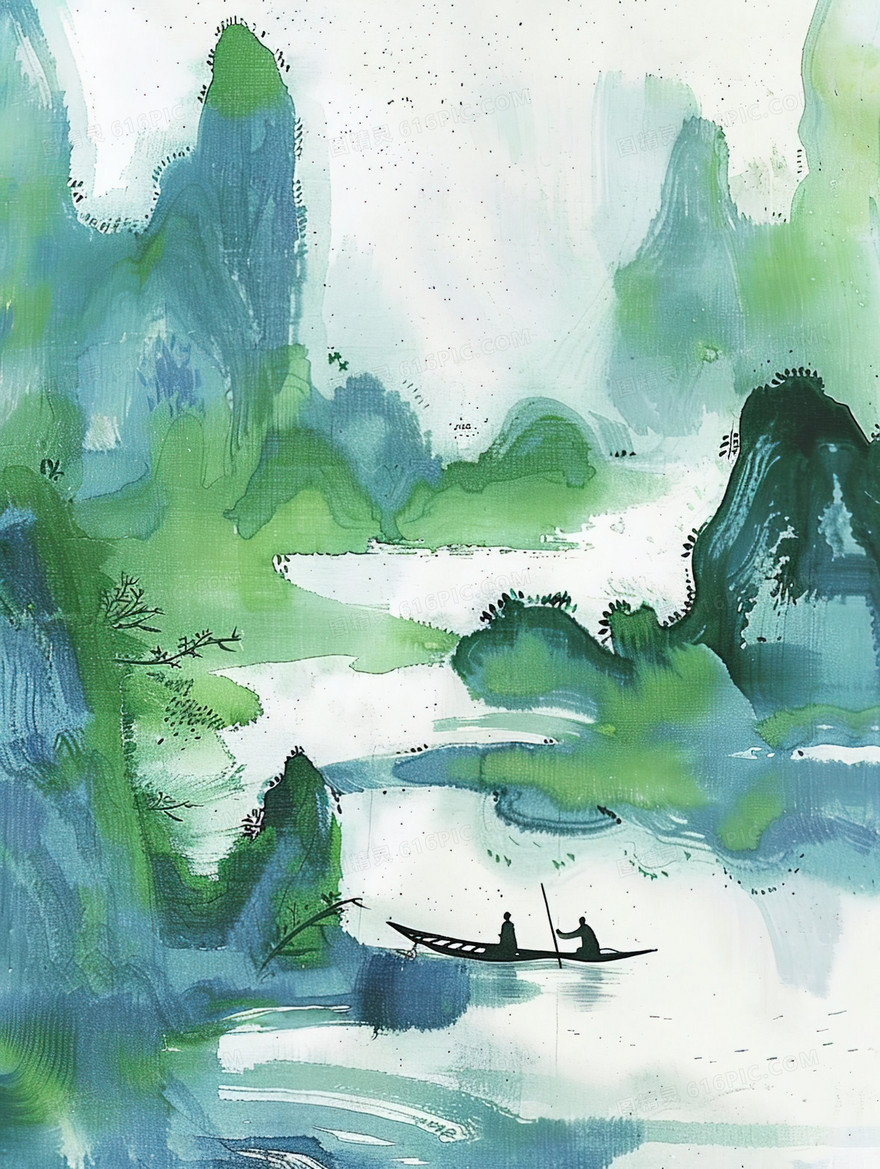 山间河流中小船插画