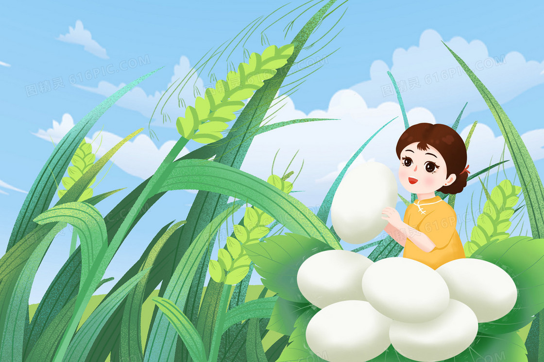 小满节气麦穗丛女孩捡蚕蛹插画