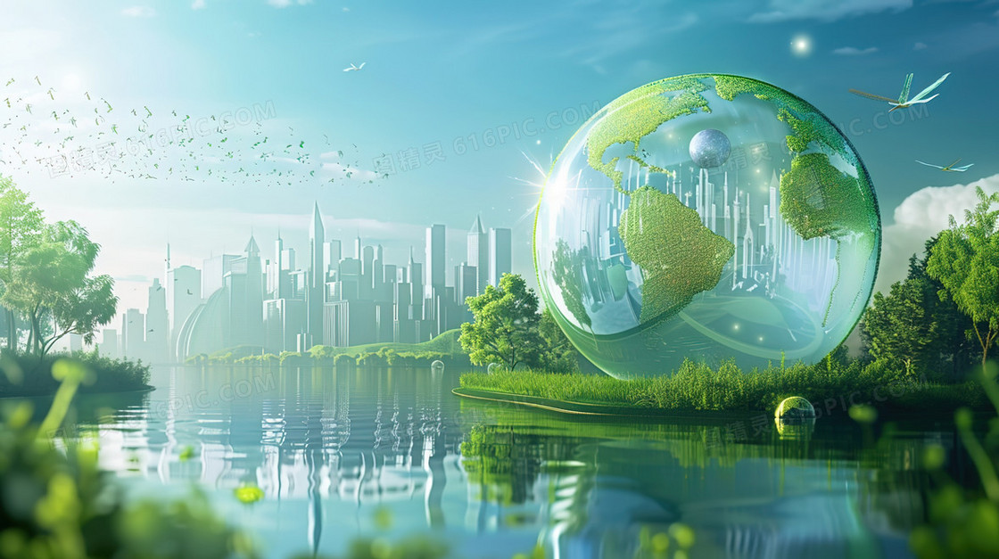 城市背景前草地上水珠插画