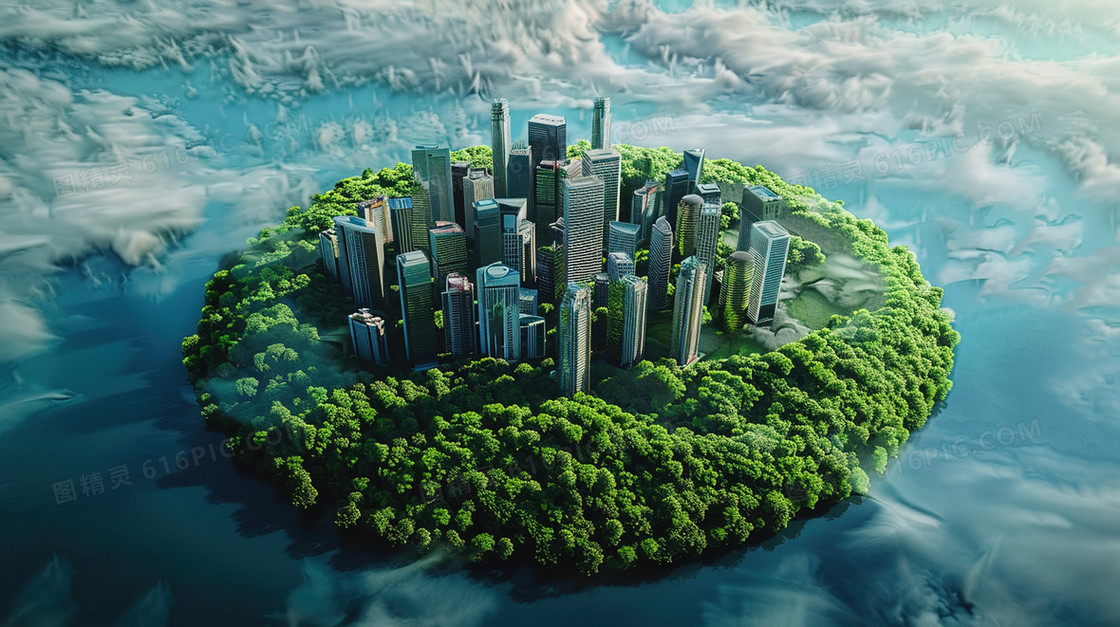 茂密的树林草丛中的城市建筑群插画