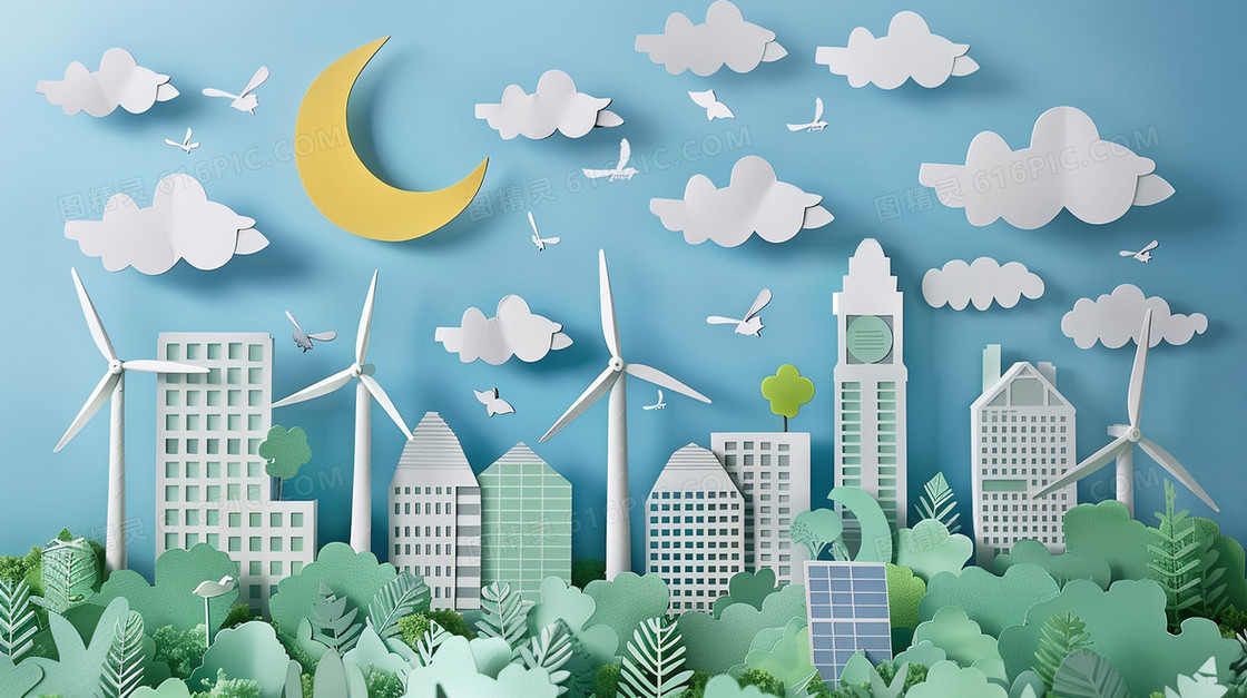 剪纸风格森林中的高楼大厦插画