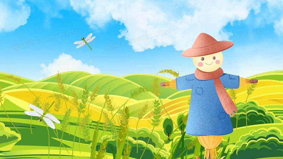 小满节气农场麦穗稻草人插画