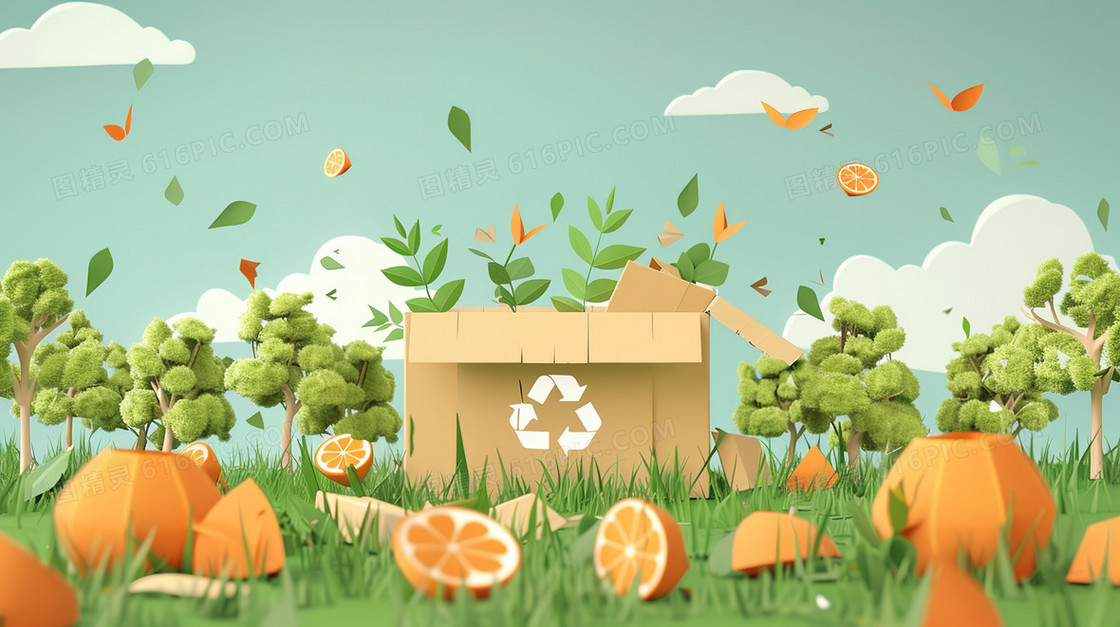 草地上的纸板破碎回收插画