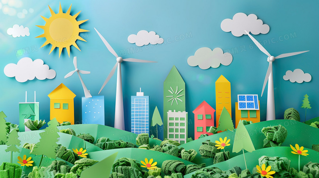 剪纸风格森林中的高楼大厦插画