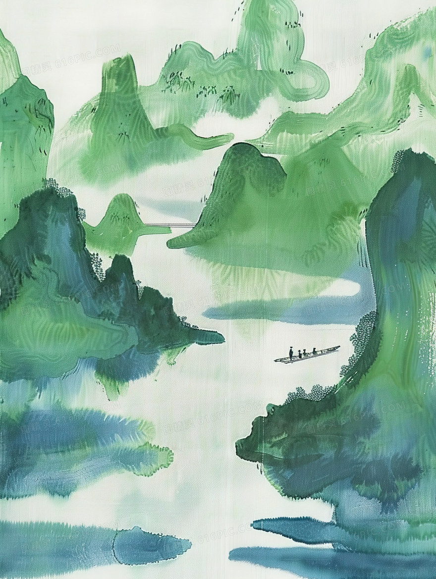 山间河流中小船插画