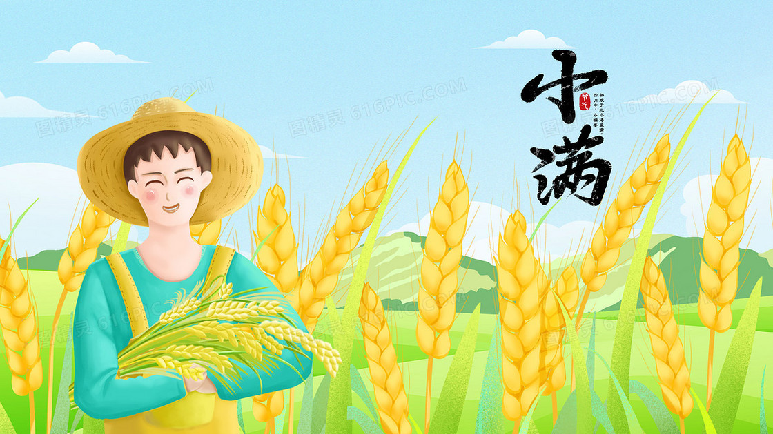 小满节气麦穗麦苗农民插画
