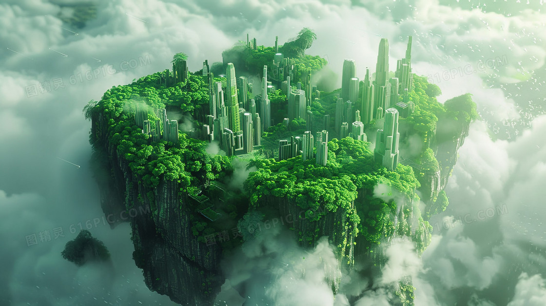 茂密的树林草丛中的城市建筑群插画