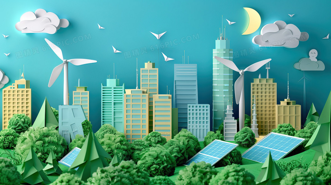 剪纸风格森林中的高楼大厦插画