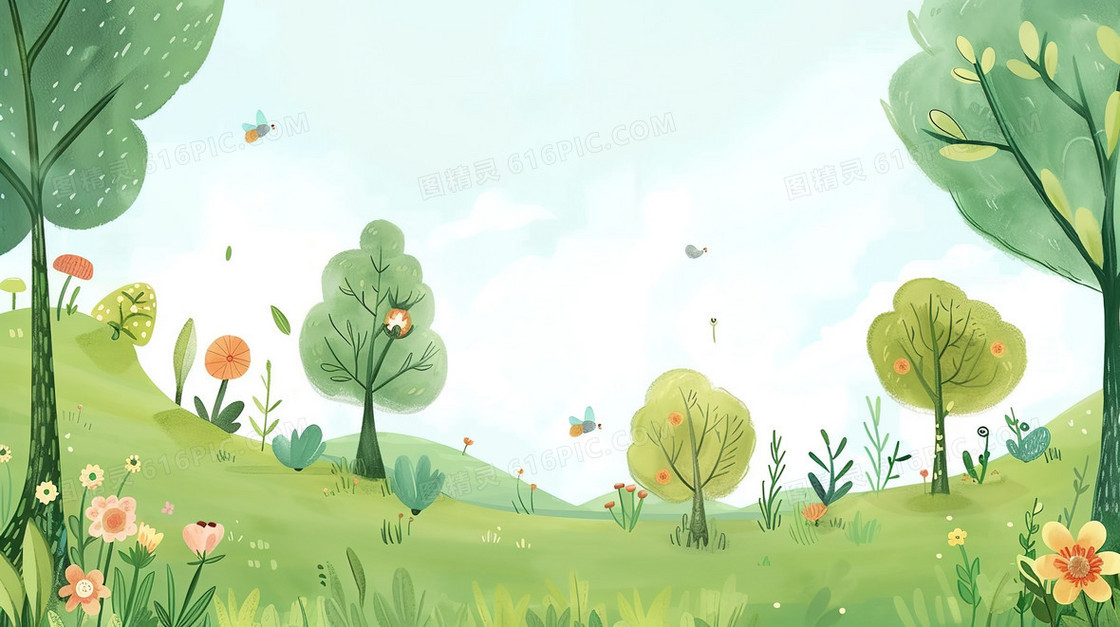 春天郁郁葱葱的山林插画