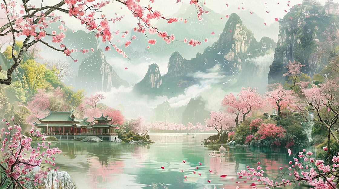 春分时节樱花盛开的山谷河流旁的亭台楼阁插画