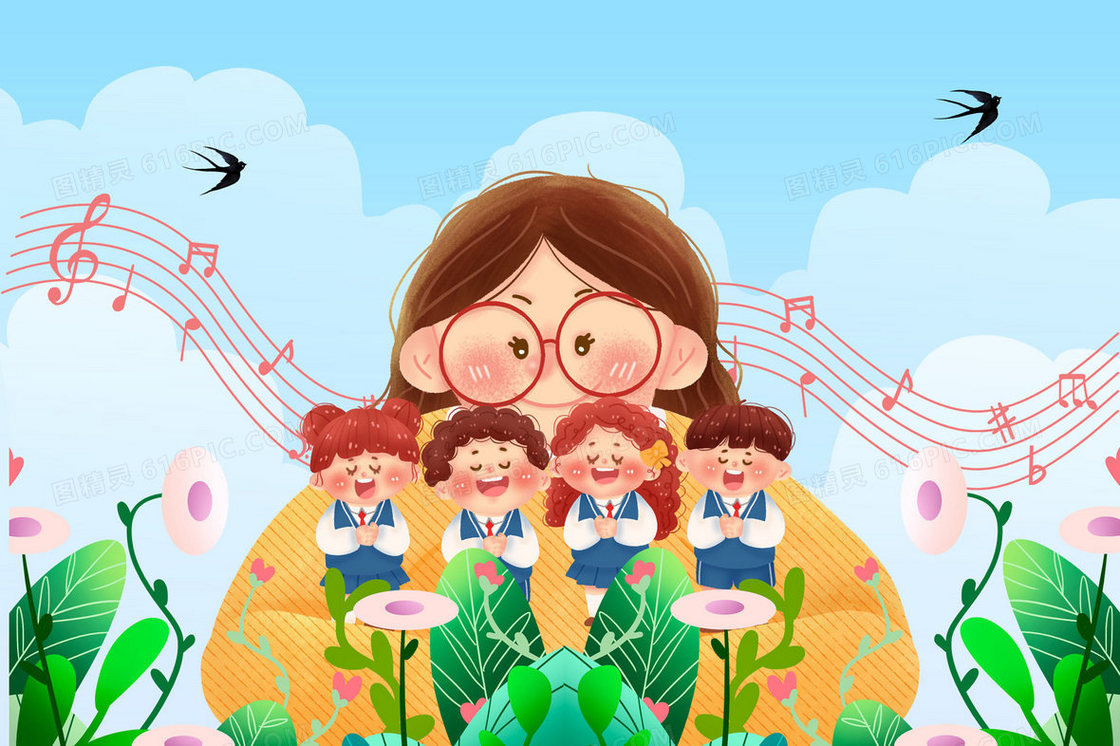 女孩在花丛中听音乐手绘插画