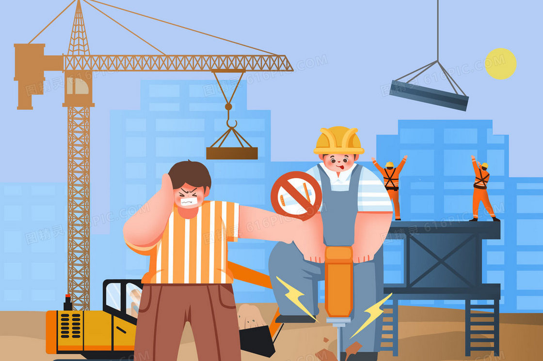 工地上机器噪音手绘插画