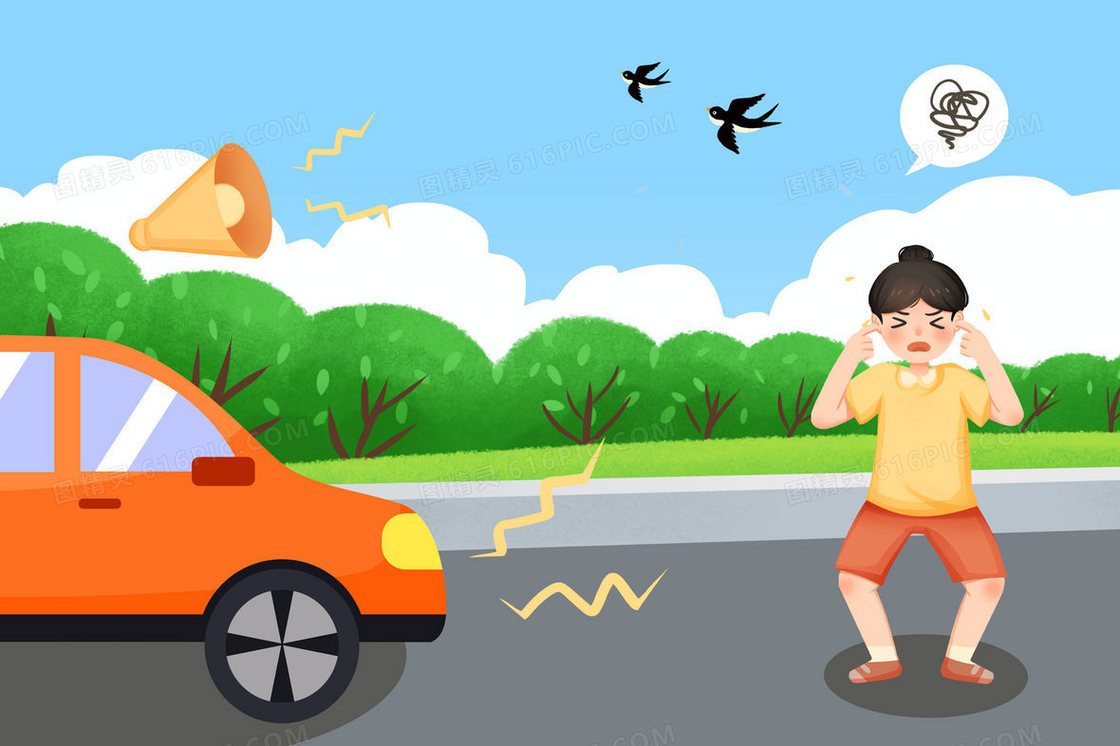 路上汽车喇叭声音手绘插画