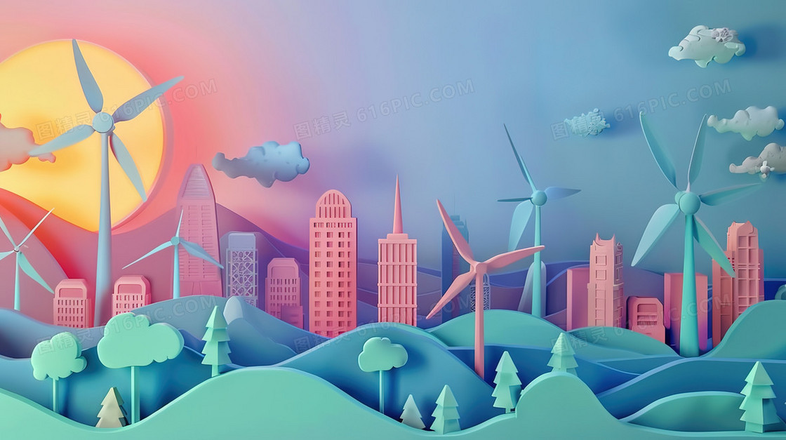 剪纸风格森林中的高楼大厦插画