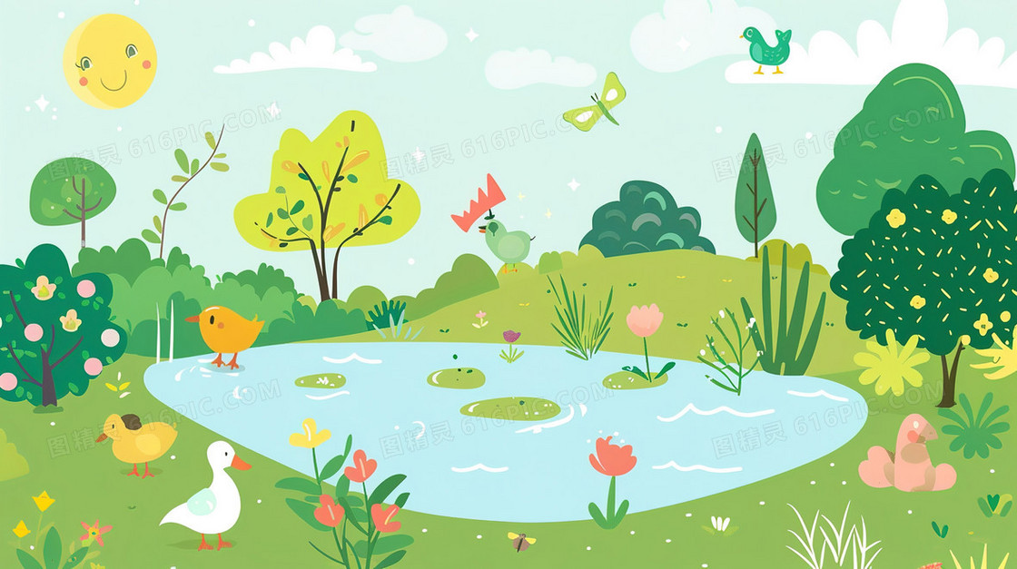 春天郁郁葱葱的山林插画