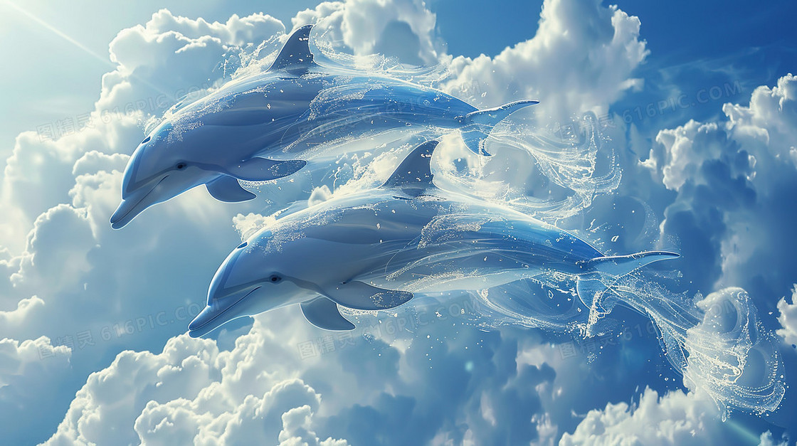 云团中跃起的海豚插画