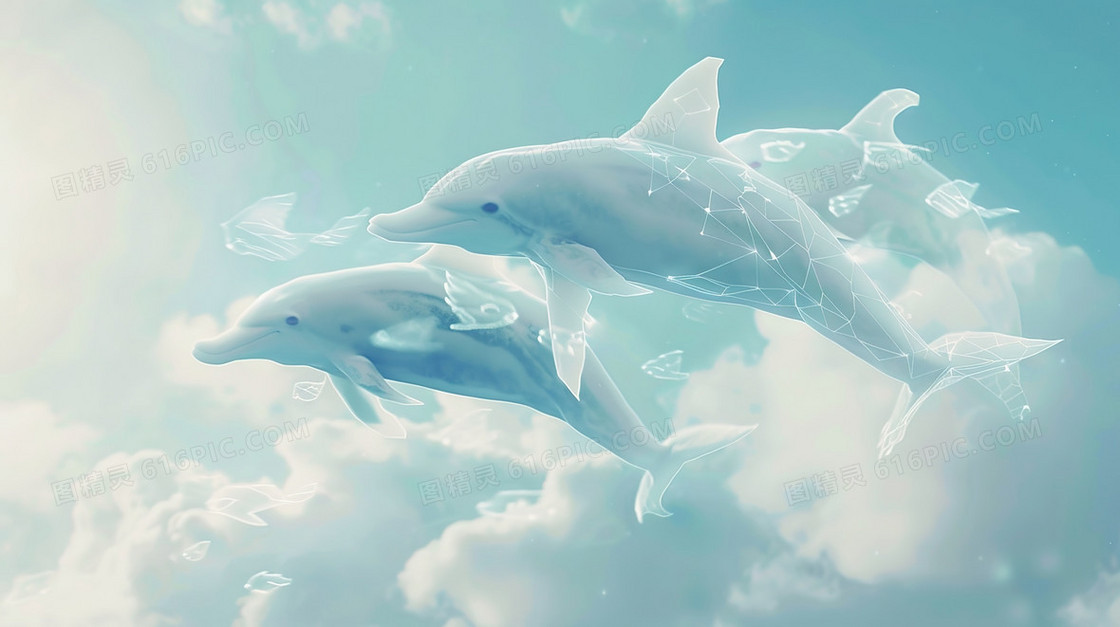 云团中跃起的海豚插画