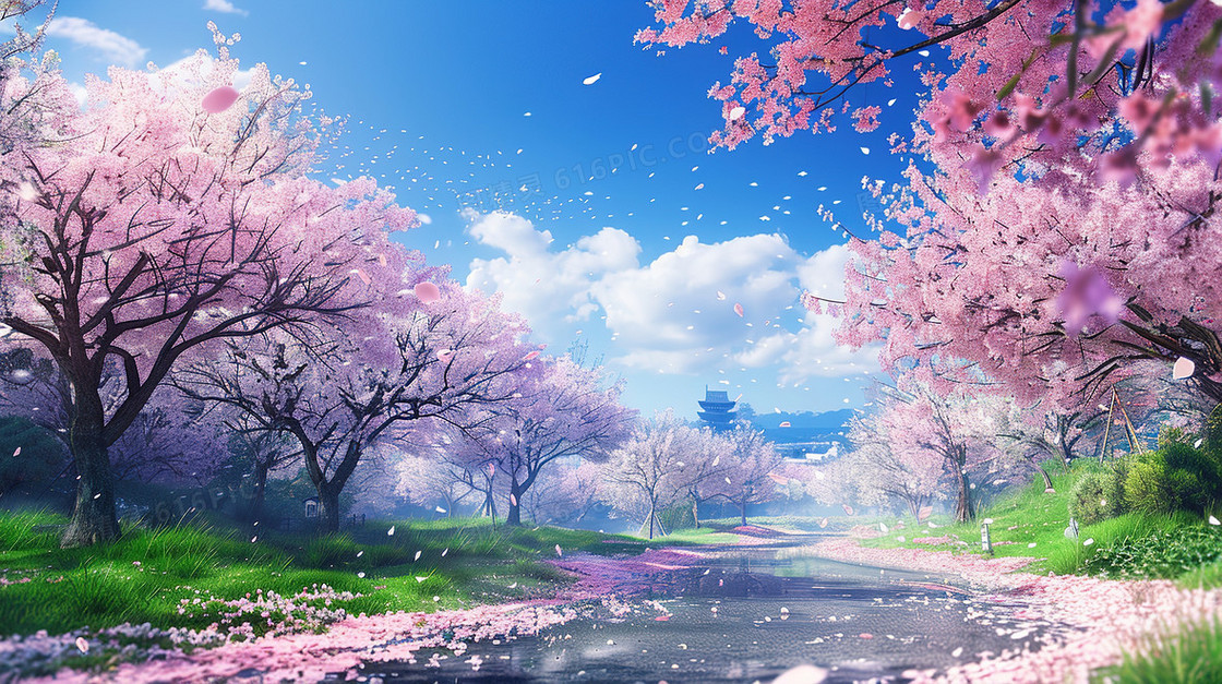 春分樱花盛开的山野小道插画