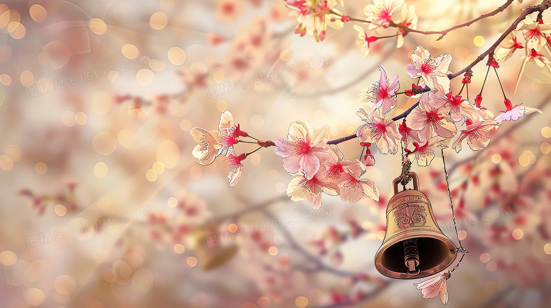春天樱花花枝上挂着的铃铛插画