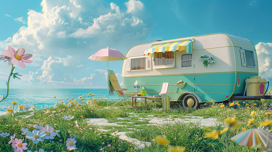 3D春分海边草地上的露营拖车插画