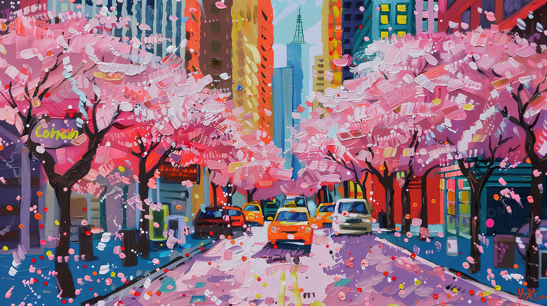 樱花盛开的城市街道油画插画