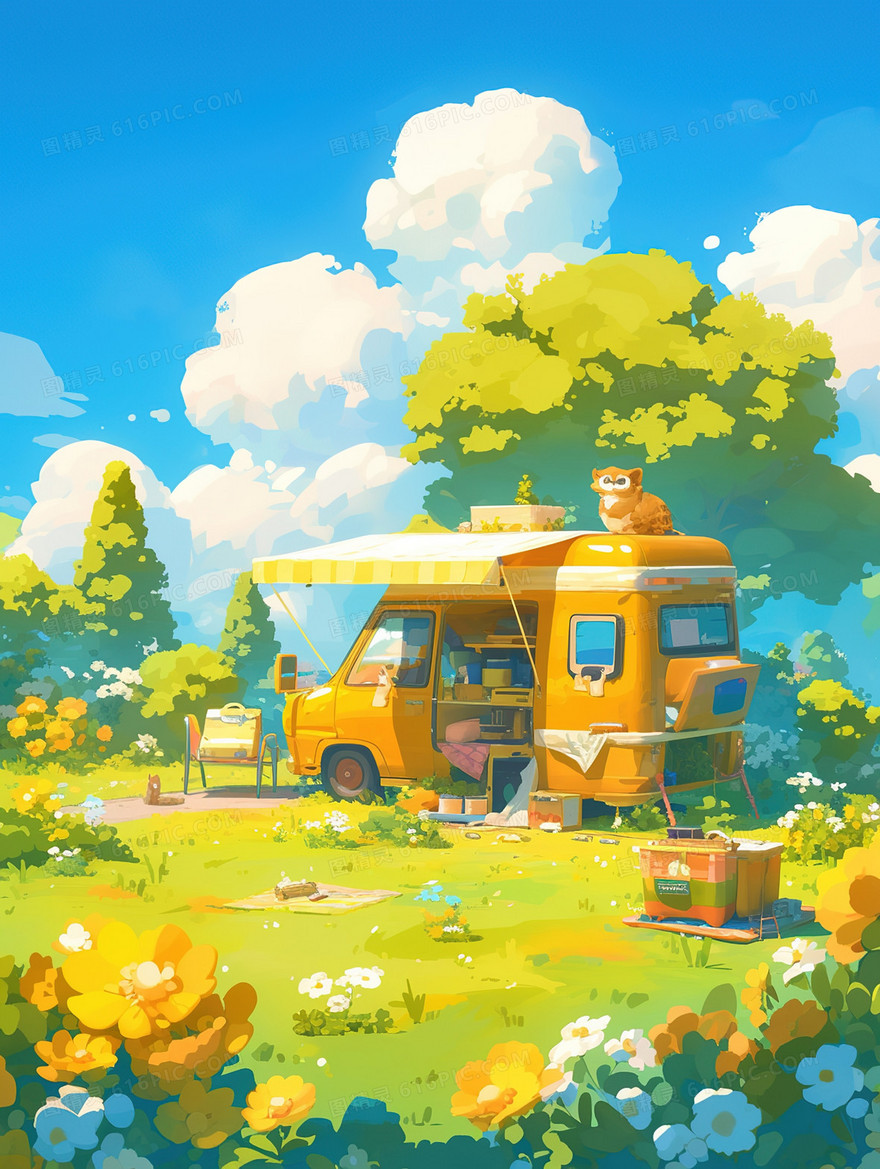 春分山野草地上的露营房车插画