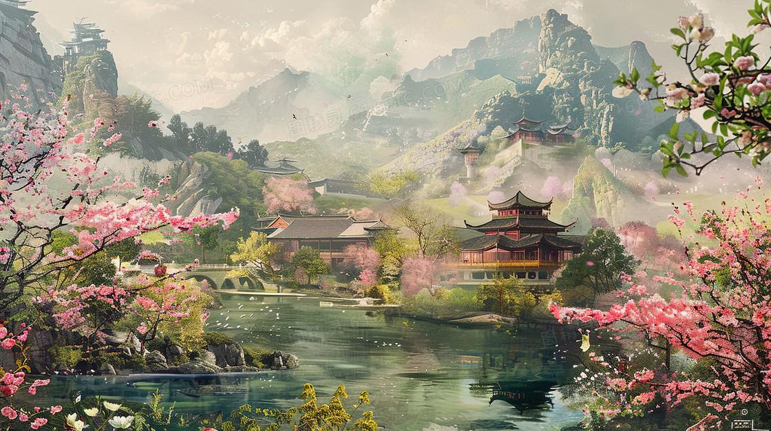 春分时节樱花盛开的山谷河流旁的亭台楼阁插画