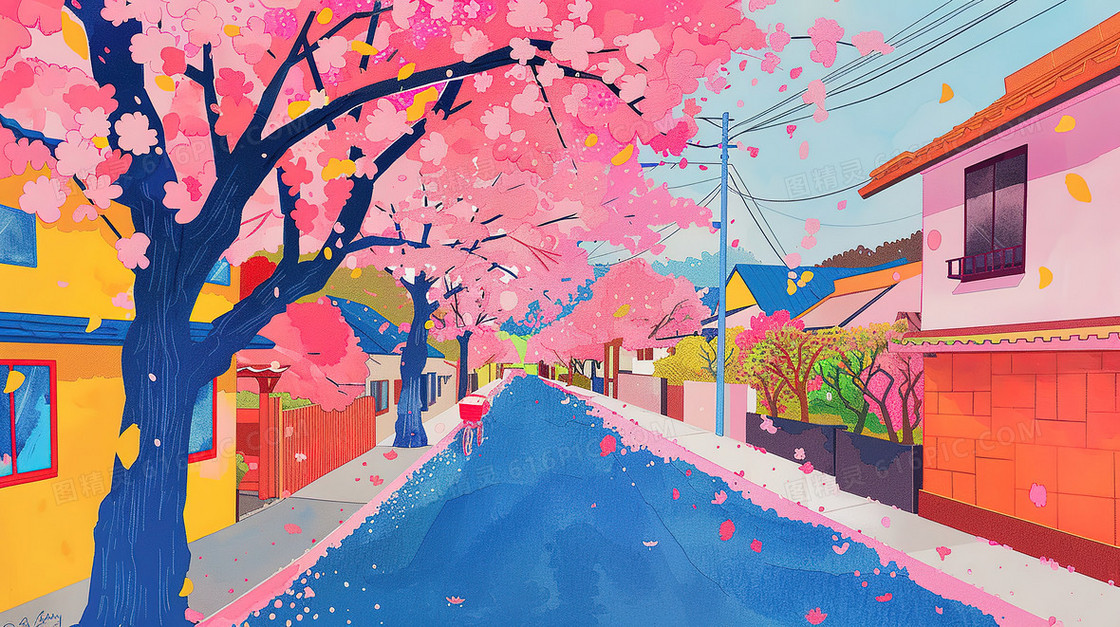 樱花盛开的城市街道油画插画