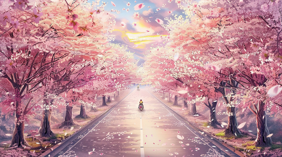 春分时节樱花树林道路上的人插画