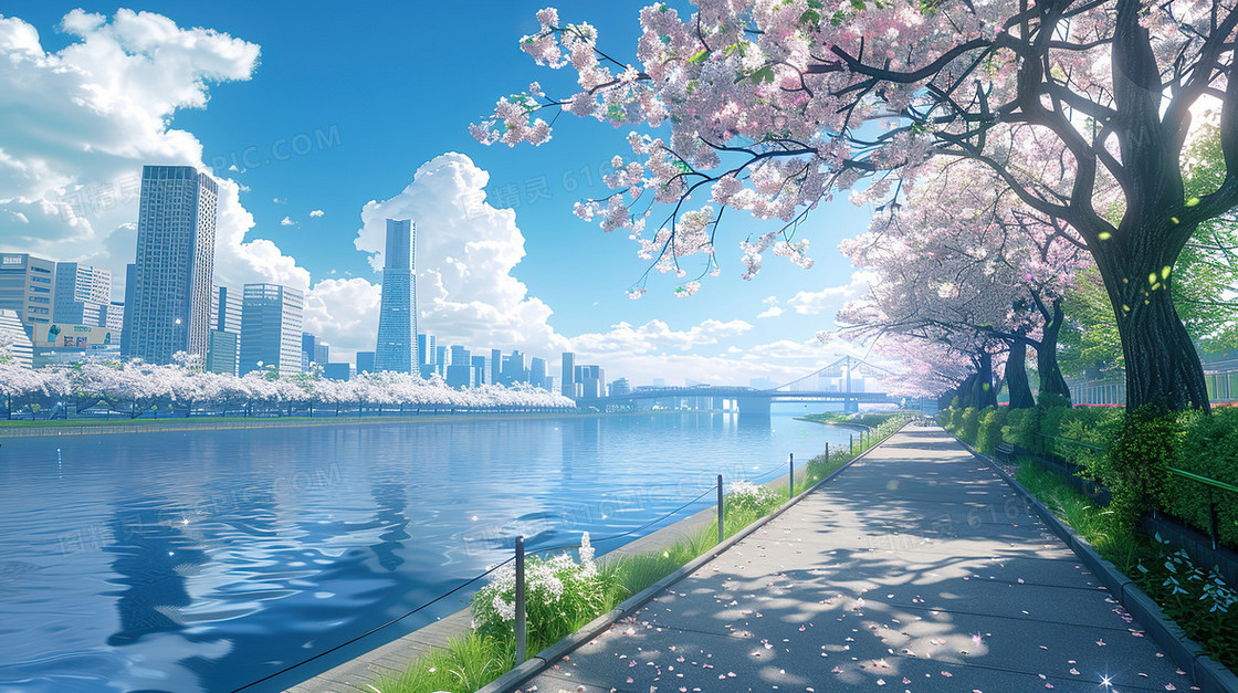春分城市江边樱花盛开的步道插画