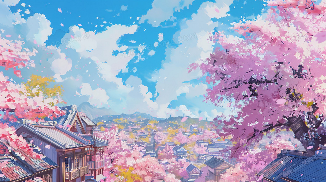 春天盛开的粉色樱花树插画