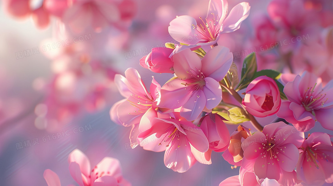 春分绽放的粉色樱花特写插画