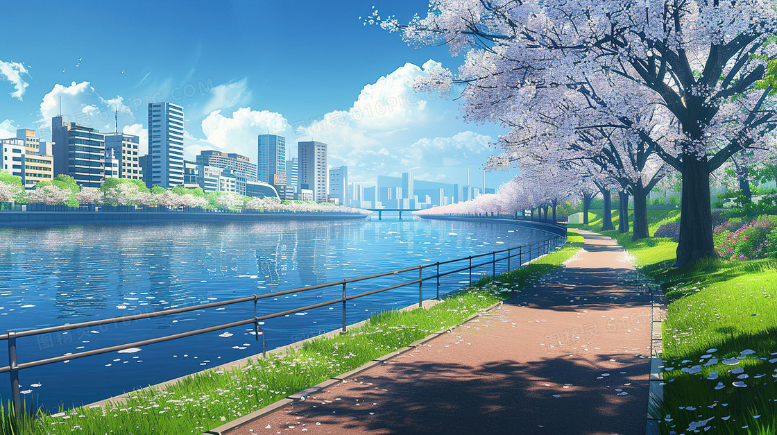春分城市江边樱花盛开的步道插画