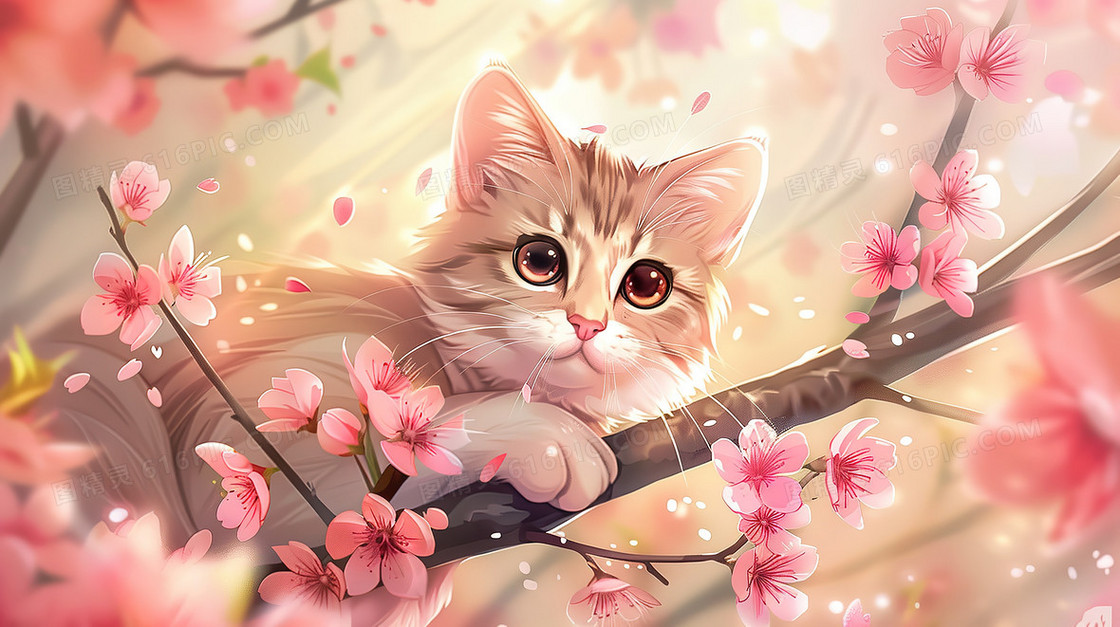 樱花树上的可爱猫咪插画