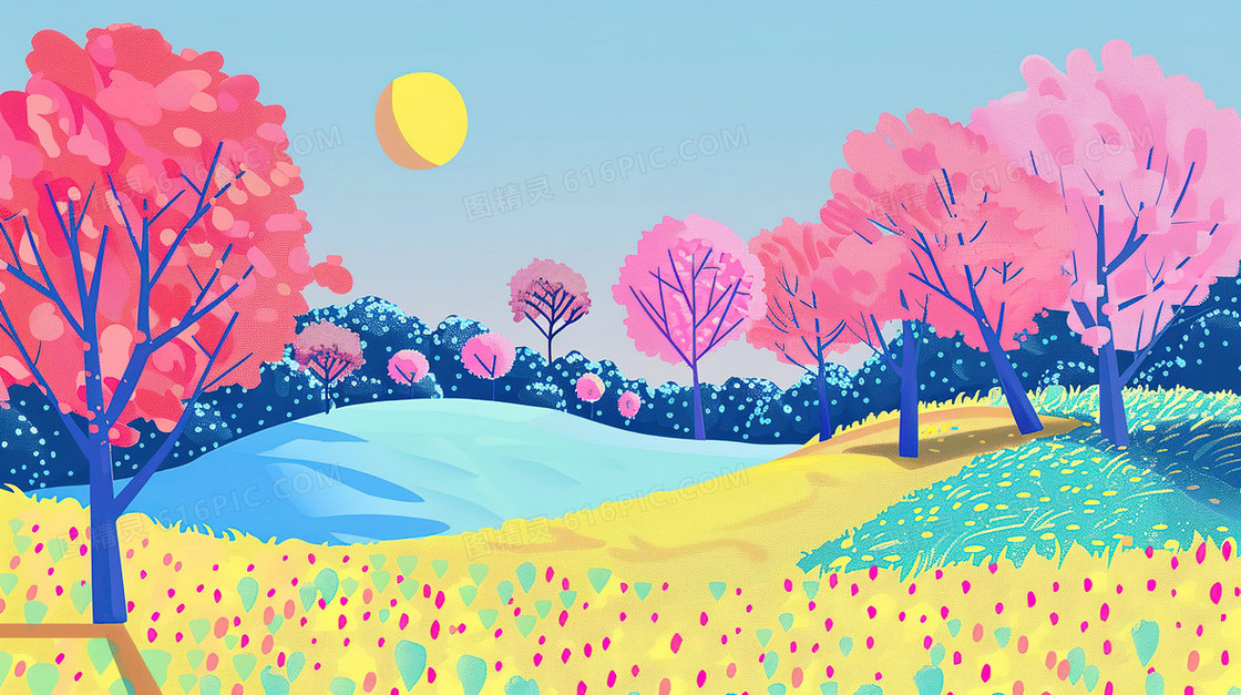 春天樱花盛开的山野花田插画