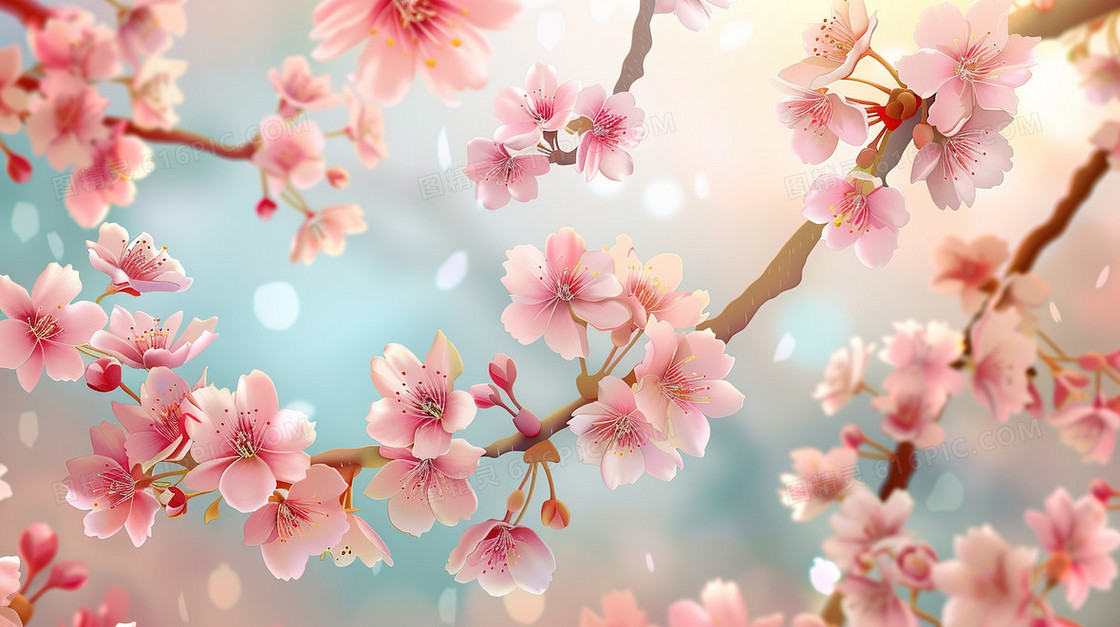 春分绽放的粉色樱花特写插画