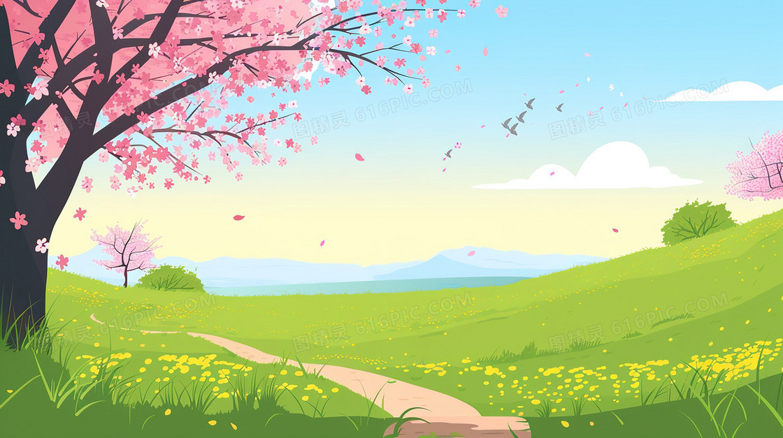 春分樱花盛开的是山野草地插画