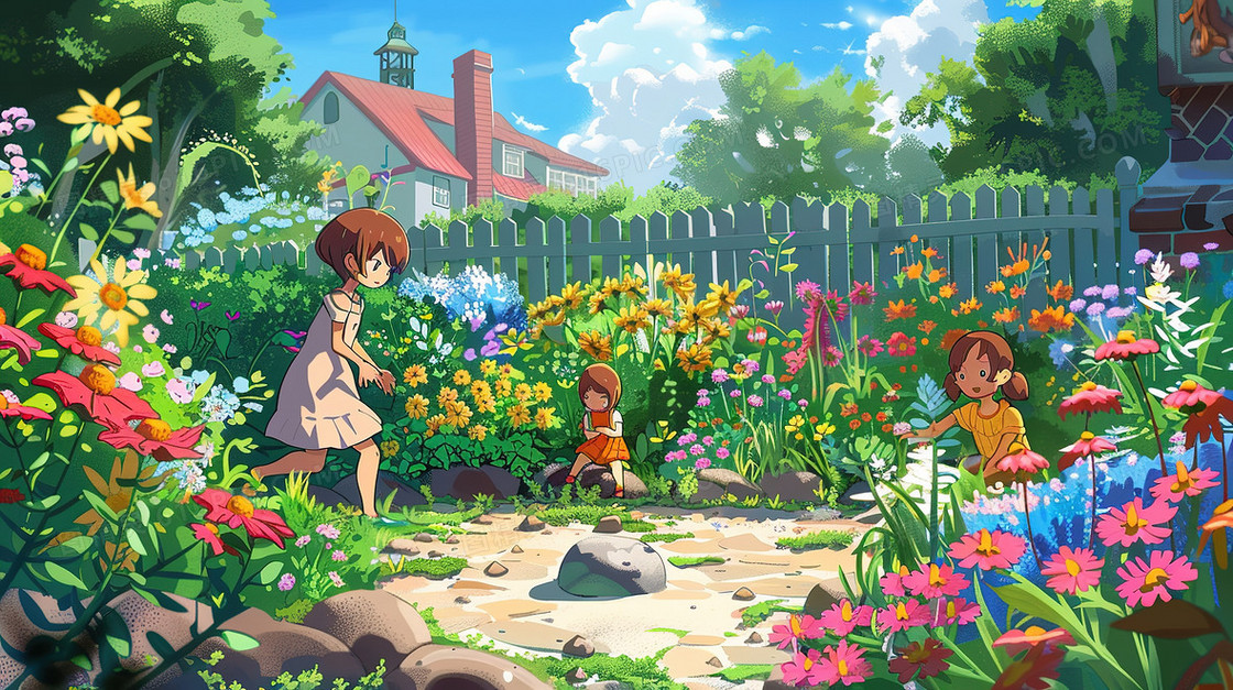 春天百花盛开的花园的小孩插画