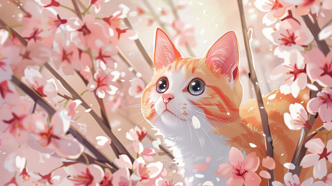 樱花树上的可爱猫咪插画