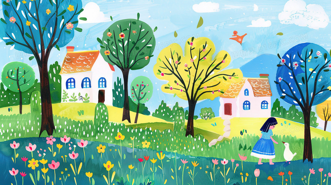 春分山野乡村里的小房子插画