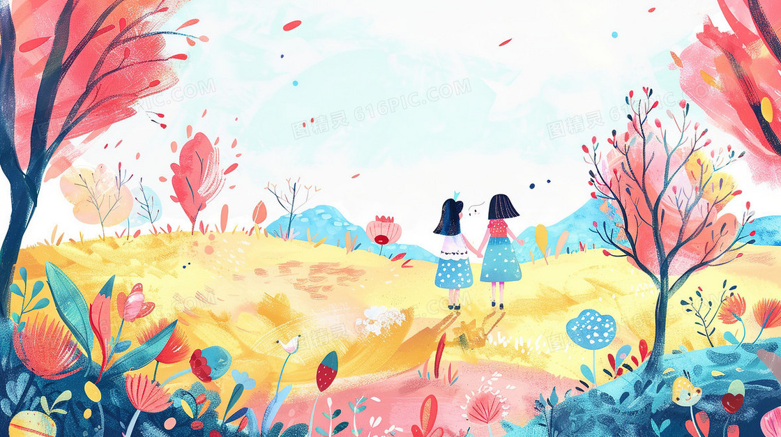 春天山林里的小孩插画