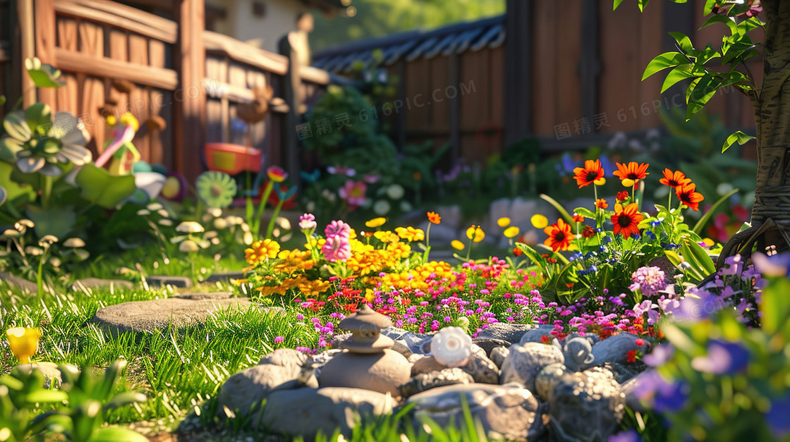 春天百花盛开的花园的小孩插画