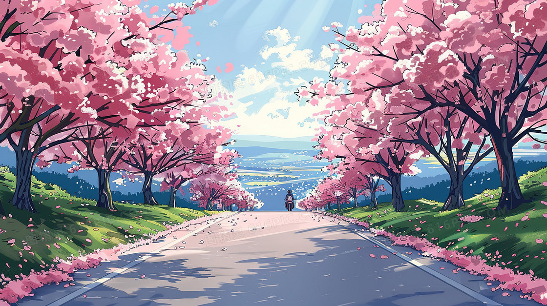春分樱花盛开的山野小道插画