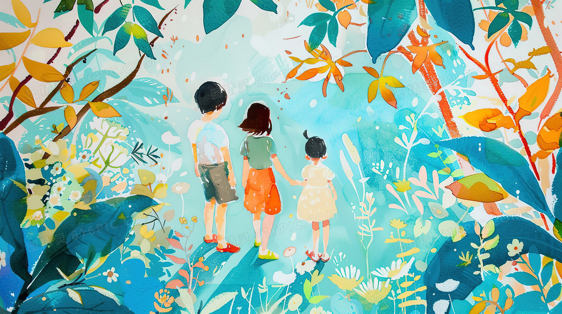 春分山林里的小孩插画